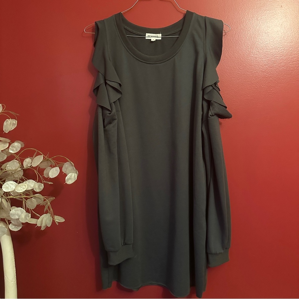 Dark Gray Ruffle Cold Shoulder Sleeve Dress